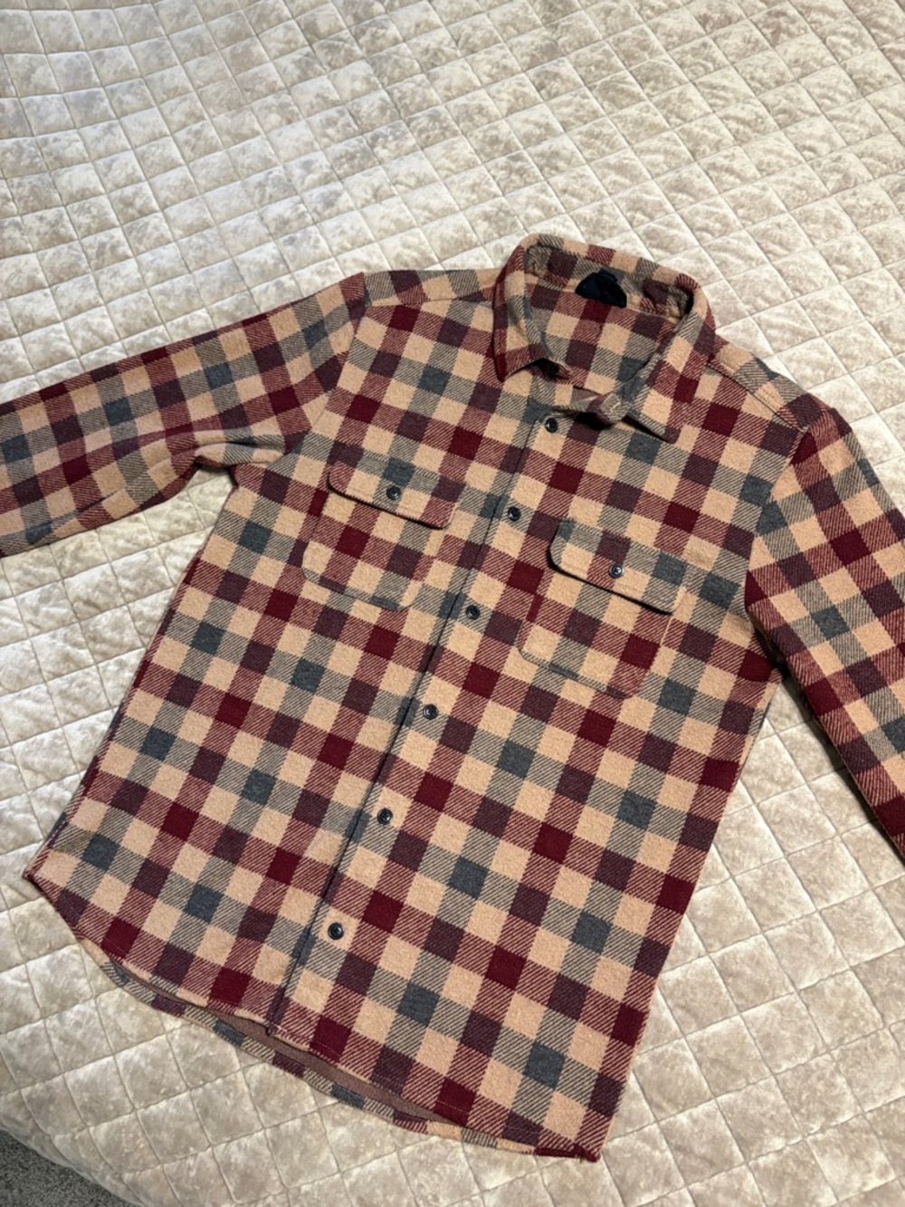 For The Republic Red Beige Gray Plaid Button-Down Shirt